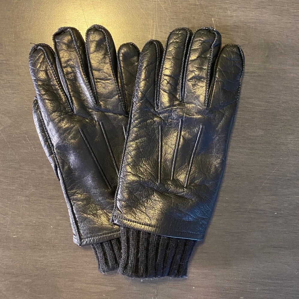 Mens Black Leather Gloves with Removable Knit Lining Ribbed Cuff Size L WPL 8931